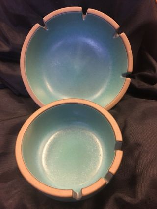 Two Vintage Heath Pottery Nesting Ashtrays Turquoise 7 - 5” Mid Century Never Use