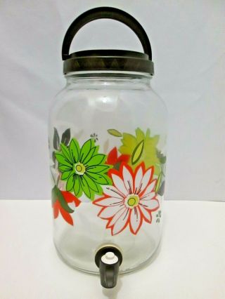 Vtg/retro Sun Tea Jug/jar/dispenser Brown Lid W/spout Flower Graphic Design Vgc