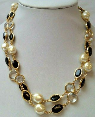 Stunning Vintage Estate Black White & Faux Pearl Bead 32 " Necklace 2183f