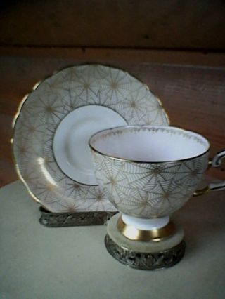 Tea Cup & Saucer W/stand Tuscan Vintage Bone China Spiderweb Pink & Gold