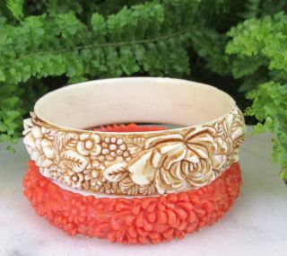 2 Vintage Molded Celluloid Bangle Bracelets With Floral Designs