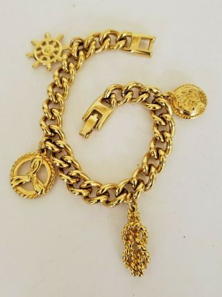 Vintage Monet Charm Bracelet Gold Tone Nautical Sailing Curb Link Rope Knot