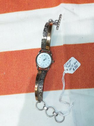 Vintage Mexico Sterling Silver & 14k Gold Watch Band Bracelet