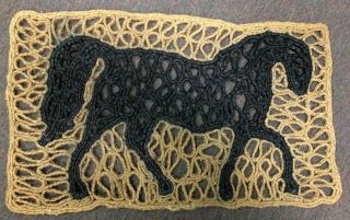 Vtg Rustic Woven Rope Hemp Doormat Floor Mat Primitive Folk Art Black Horse