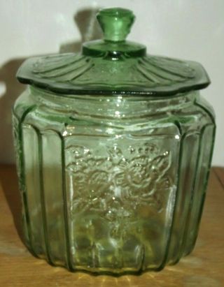 Vintage Green Depression Glass Cookie Jar Anchor Hocking Mayfair Open Rose W/lid