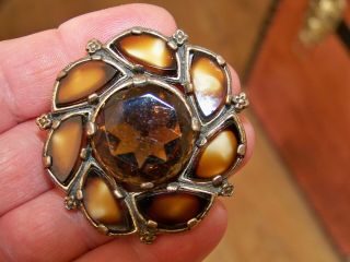 Vintage Miracle Jewellery Scottish Celtic Pebble Agate Amber Brooch Shawl Pin