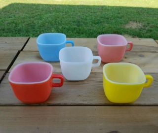 5 Vintage Glasbake Lipton Square Mugs Coffee Cups Soup Bowls Pastel Multi Retro