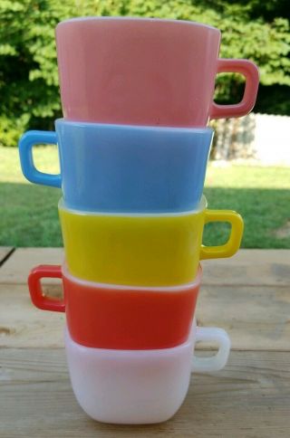 5 Vintage Glasbake Lipton Square Mugs Coffee Cups Soup Bowls Pastel Multi Retro 5
