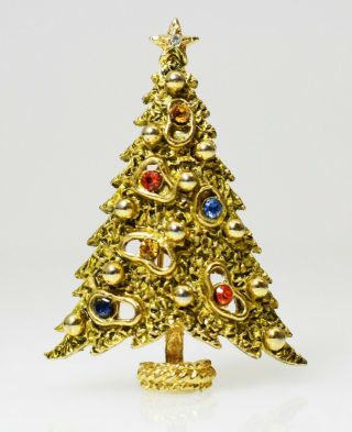 Vintage Signed Art Christmas Tree Brooch Gold Ball & Rhinestone Ornaments