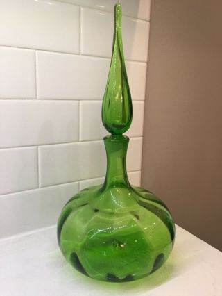 Vintage Italian Green Optic Onion Glass Genie Bottle Empoli Elongated Stopper