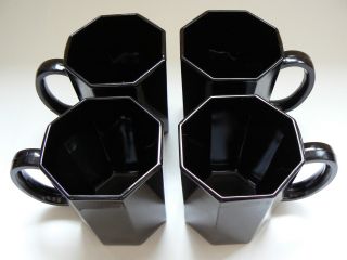 Set Of 4 Vintage 1980s Arcoroc Octime Black Octagonal 8 Oz Glass Mugs Cups