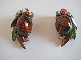 Vintage Pair Weiss Signed Prong Set Rhinestone And Cabochon Clip Earrings