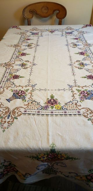 Vintage Large Cross Stitch Tablecloth Rectangle 68.  5 " X 96 "