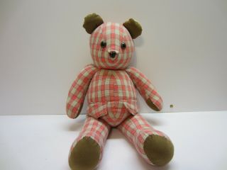 Vtg Handmade Sewn Stuffed Teddy Bear Pink Plaid Fabric Primitive Cute