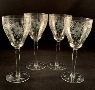Set Of 4 Vintage 10 Oz.  Etched Optic Crystal Water/wine Goblets,  Floral Design