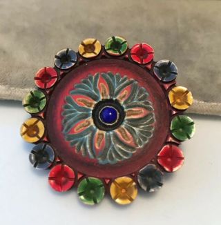 Vintage Jewellery Fabulous Art Deco Hand Painted Carved Bakelite Flower Brooch