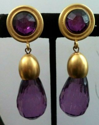 Stunning Vintage Estate Purple & Gold Tone 2 3/4 " Clip Earrings 5444k