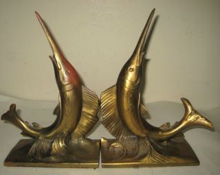 Vintage Solid Brass Hand Crafted Marlin Bookends Boock Ends By PM Craftman USA 2