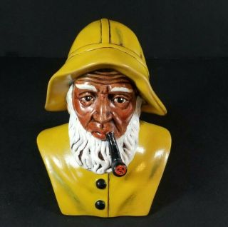 Vintage Atlantic Mold Ceramic Old Sailor White Beard Smoking Pipe Yellow Hat