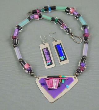 2 Pc Vintage Artist Signed Modernist Abstract Glass Bead Necklace Earring Set