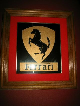 Vintage Ferrari Gold Logo Wall Art Picture / Glass Mirror Wood Frame