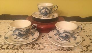 3 Vintage Delft Blue Cup And Saucer,  Hand Painted Delfts Blue Windmill Holland