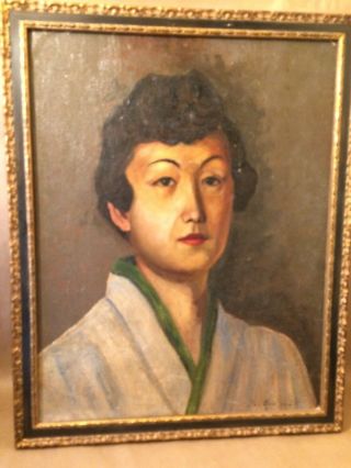 Vintage Realistic Portrait Of Japanese Woman Oil Painting On Board Signed Old
