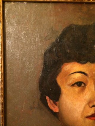 Vintage Realistic Portrait of Japanese Woman Oil Painting On Board Signed Old 5