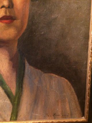 Vintage Realistic Portrait of Japanese Woman Oil Painting On Board Signed Old 8