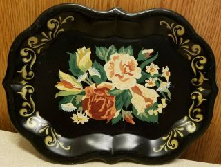 Vintage Tole Hand Painted Floral Metal Tray 9.  5 " X 7 " Oval With Hanger