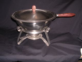Vtg Reed & Barton Stainless Steel Chafing Dish & Fondue Dish,  Wooden Handle