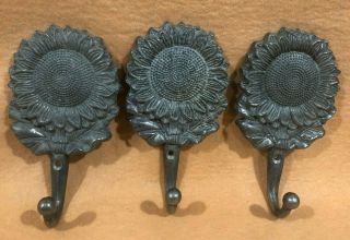 Set Of 3 Sunflower Flower Hook Hanger Metal Pewter Decorative Vintage 6 In High