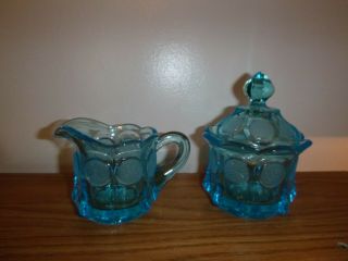 Vintage Blue Glass Cream And Sugar Set With Lid With Olympic Torch & 1887 Seal