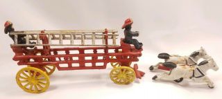 Vintage Taiwan Stamped Cast Iron Horse Drawn Fire Ladder Truck Cart 13 Inch