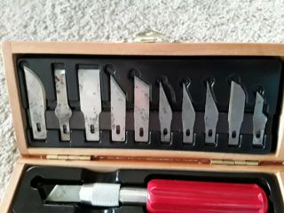 Vintage X - Acto Knife Set 3 Tools 13 Blades in Dovetailed Wooden Box - Made in US 2