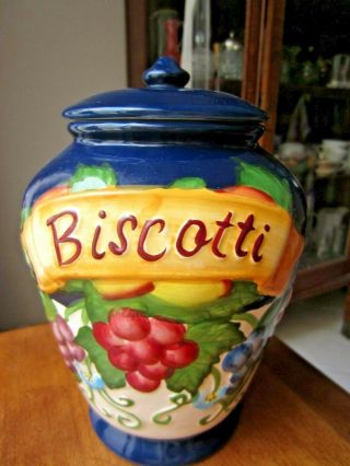 Vintage Cookie Jar,  Nonnis Biscotti Cobalt Blue Jar W/grape Design,  9 " Tall