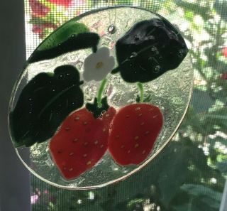 Vintage Peggy Karr Signed Fused Art Glass Ornament Strawberries 1989