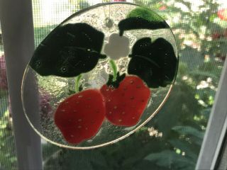 Vintage Peggy Karr Signed Fused Art Glass Ornament Strawberries 1989 5