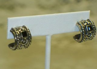 Vintage Sterling Silver Pierced Earrings Small Half Hoop Black Stone Or Glass
