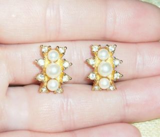 Vintage Christian Dior Gold Tone Rhinestone Faux Pearl Clip On Earrings