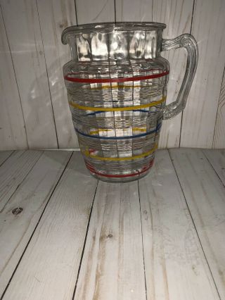 Vintage Clear Glass Pitcher W/ Red,  Yellow,  Blue Stripes W/ Ridges - Mid Century