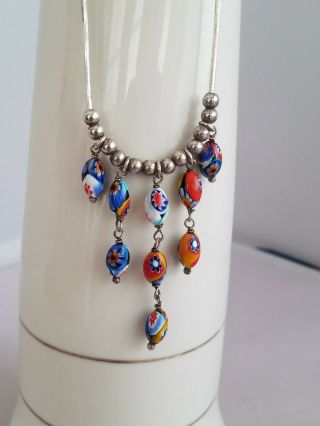 Vintage Sterling Silver Millefiori Dangle Bead Necklace Italy Signed Mws