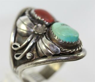 Vintage Sterling Silver Ring Turquoise & Red Coral Cabochons