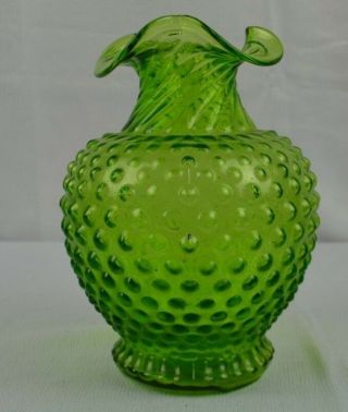 Tiara Glass Vase Green Hobnail Fluted Top Swirl Pressed Vintage Flower