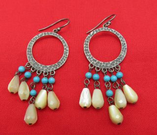 Vintage Sterling Silver Pierced Earrings Blue Turquoise Bead White Shell 130k