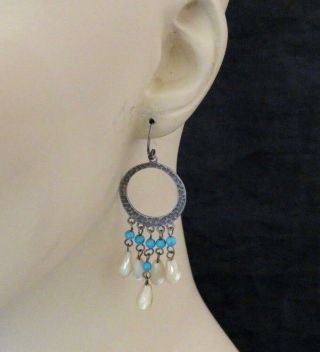 Vintage Sterling Silver Pierced Earrings Blue Turquoise Bead White Shell 130k 2