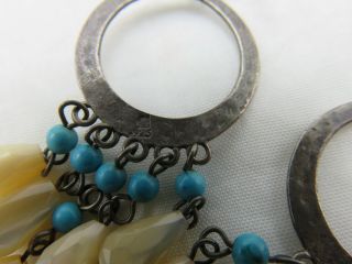 Vintage Sterling Silver Pierced Earrings Blue Turquoise Bead White Shell 130k 6
