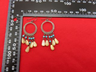 Vintage Sterling Silver Pierced Earrings Blue Turquoise Bead White Shell 130k 7