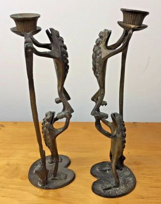 Vintage Brass Frog Candle Holders 10 " Tall Standing On Hands Taper Candlestick