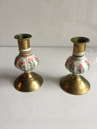 Vintage Brass And Porcelain Candlestick Holders Floral Shabby Chic